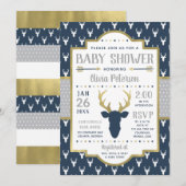 Woodland Baby shower Invitation, Navy, grijs, goud Kaart (Voorkant / Achterkant)