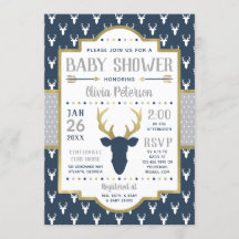 Woodland Baby shower Invitation, Navy, grijs, goud