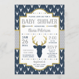 Woodland Baby shower Invitation, Navy, grijs, goud Kaart