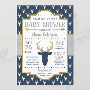 Woodland Baby shower Invitation, Navy, grijs, goud Kaart