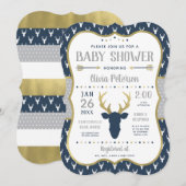 Woodland Baby shower Invitation, Navy, grijs, goud Kaart (Voorkant / Achterkant)