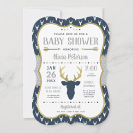 Woodland Baby shower Invitation, Navy, grijs, goud Kaart