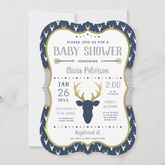 Woodland Baby shower Invitation, Navy, grijs, goud Kaart (Voorkant)