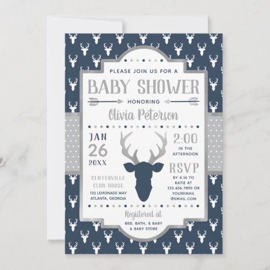 Woodland Baby shower Invitation, Navy, Grijs Kaart (Voorkant)