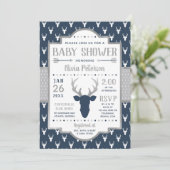 Woodland Baby shower Invitation, Navy, Grijs Kaart (Staand voorkant)