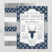 Woodland Baby shower Invitation, Navy, Grijs Kaart (Voorkant / Achterkant)