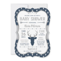 Woodland Baby shower Invitation, Navy, Grijs