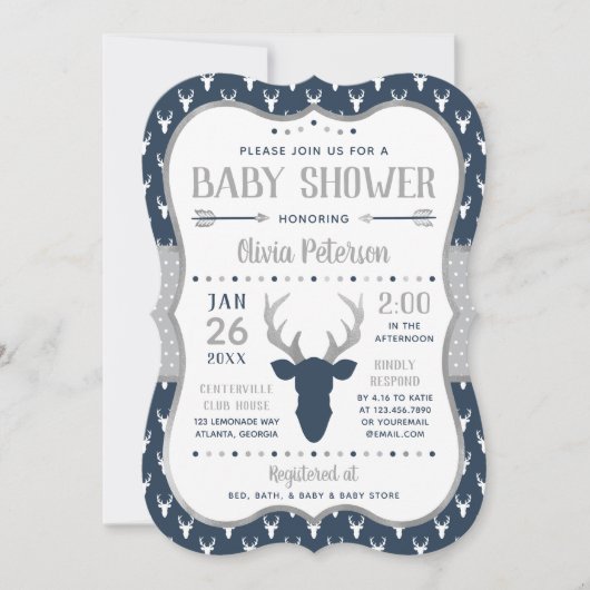 Woodland Baby shower Invitation, Navy, Grijs Kaart (Voorkant)
