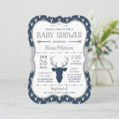 Woodland Baby shower Invitation, Navy, Grijs Kaart (Staand voorkant)