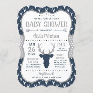 Woodland Baby shower Invitation, Navy, Grijs Kaart