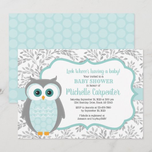 Woodland baby shower Invitation Neutral Mint Grey Kaart (Voorkant / Achterkant)