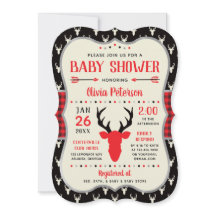 Woodland Baby shower Invitation, Rood, Zwart, Plai