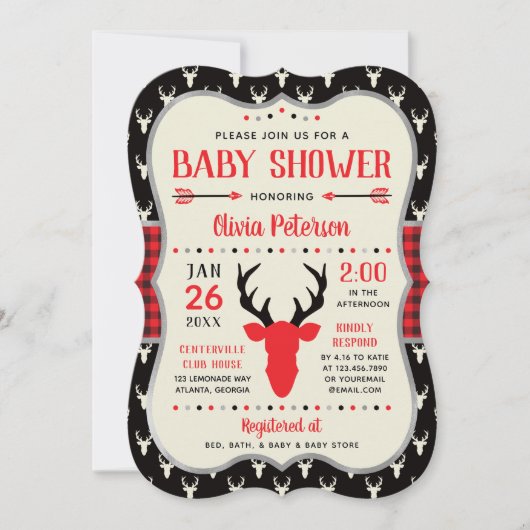 Woodland Baby shower Invitation, Rood, Zwart, Plai Kaart (Voorkant)