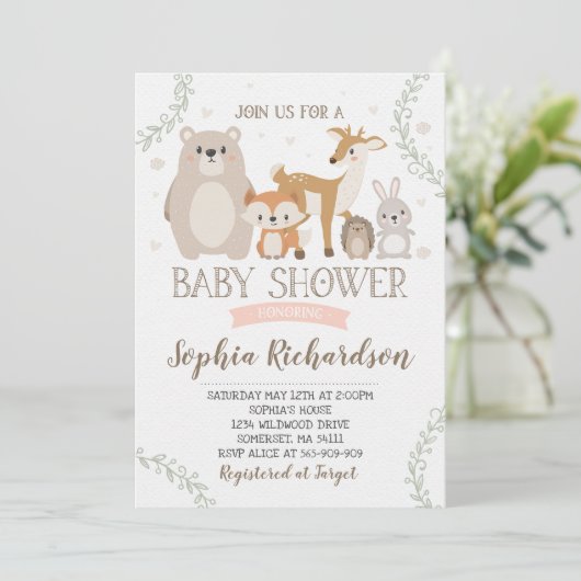 Woodland Baby shower Invitation Whimsical Shower Kaart (Staand voorkant)