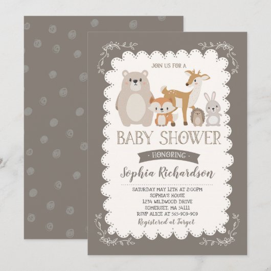 Woodland Baby shower Invitation Whimsical Shower Kaart (Voorkant / Achterkant)