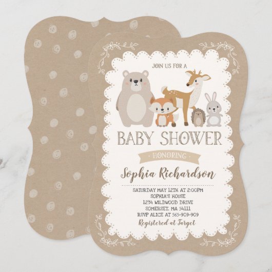 Woodland Baby shower Invitation Whimsical Shower Kaart (Voorkant / Achterkant)
