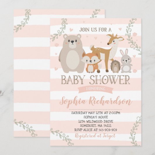 Woodland Baby shower Invitation Whimsical Shower Kaart (Voorkant / Achterkant)
