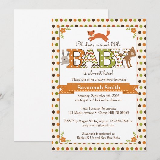 Woodland Baby Shower Invitations - Woodland Animal Kaart (Voorkant / Achterkant)