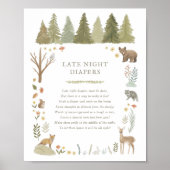 Woodland Baby shower Late Night Diapers Sign Poster (Voorkant)