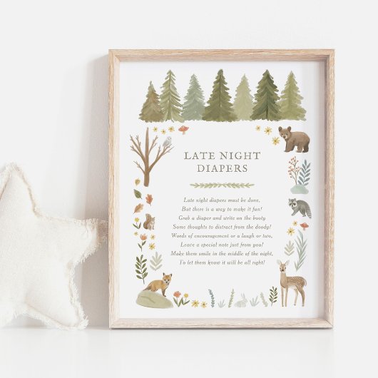 Woodland Baby shower Late Night Diapers Sign Poster