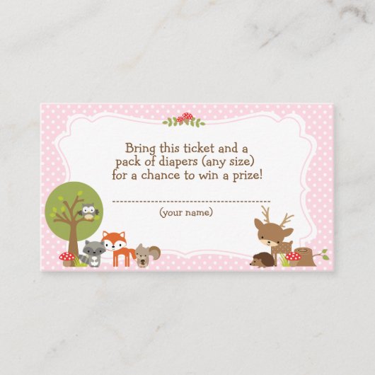 Woodland Baby shower Luier Raffle ticket roze Informatiekaartje (Voorkant)