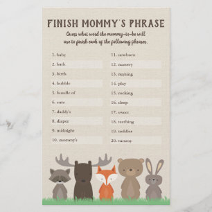Woodland Baby Shower 'Maak Moeder's Zin Af' Spel Flyer