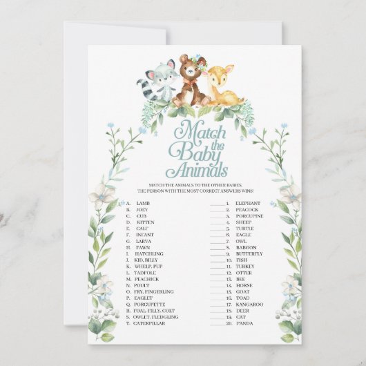 Woodland Baby shower Match Het Baby Dieren Spel Kaart (Voorkant)