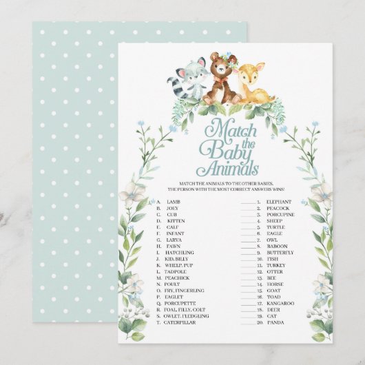 Woodland Baby shower Match Het Baby Dieren Spel Kaart (Voorkant / Achterkant)