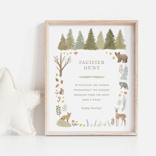 Woodland Baby shower Pacifier Hunt Sign Poster