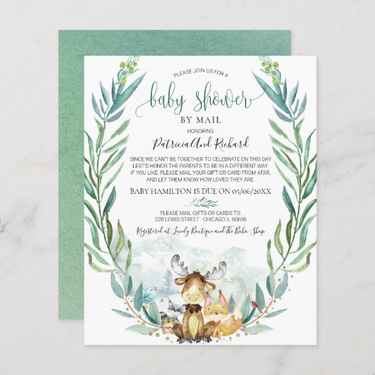 Woodland Baby shower per postbudget uitnodiging (Voorkant / Achterkant)
