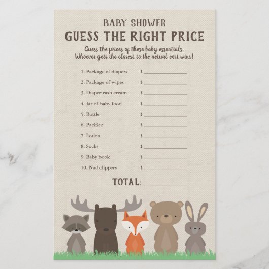 Woodland Baby shower Price is Right Game Kaarten (Voorkant)