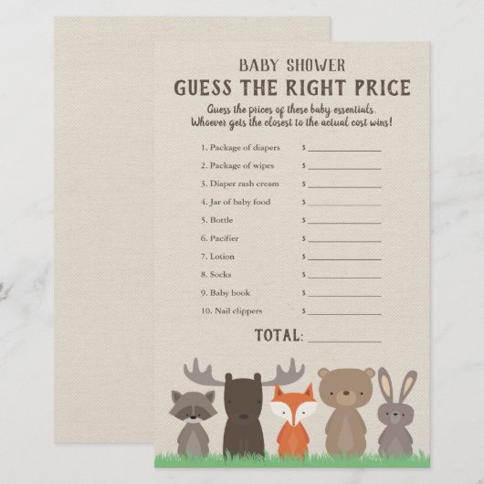 Woodland Baby shower Price is Right Game Kaarten (Voorkant / Achterkant)