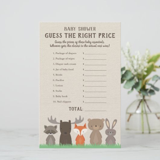 Woodland Baby shower Price is Right Game Kaarten (Staand voorkant)