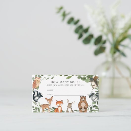 Woodland Baby shower raad eens hoeveel SOCKaart Informatiekaartje (Staand voorkant)