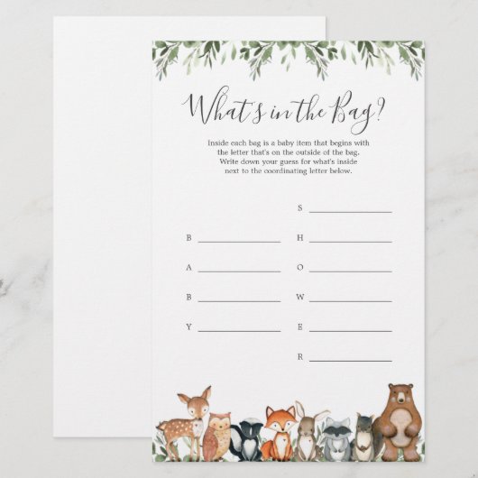 Woodland Baby shower Raad eens wat er in de tas sp (Voorkant / Achterkant)