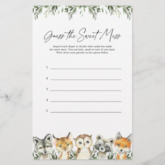 Woodland Baby shower raad het zoete puinspel (Voorkant)