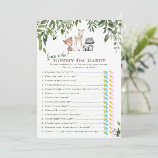 Woodland Baby shower Raad wie moeder of vader spel Kaart (Staand voorkant)