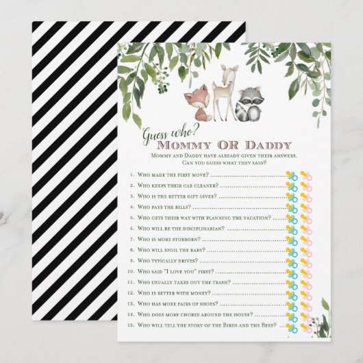 Woodland Baby shower Raad wie moeder of vader spel Kaart (Voorkant / Achterkant)