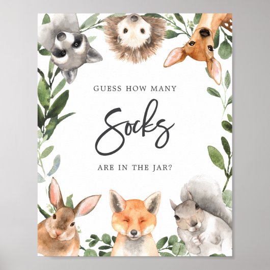 Woodland Baby shower raden hoeveel sokjes Poster (Voorkant)