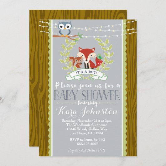 Woodland Baby shower uitnodiging Fox Owl Uitnodige (Voorkant / Achterkant)