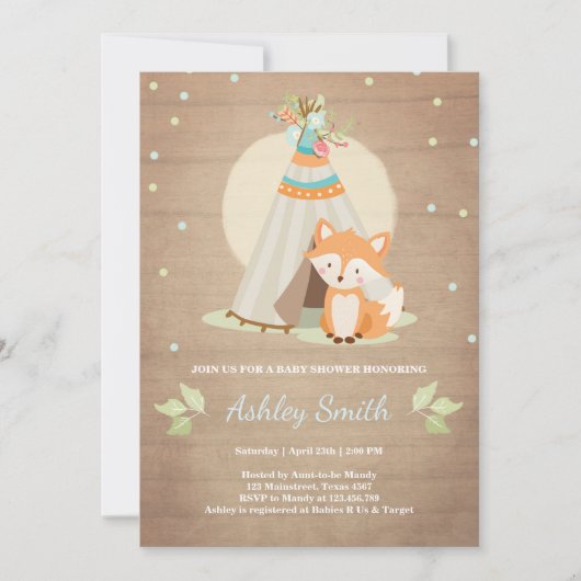Woodland baby shower uitnodiging Fox Teepee pow wo (Voorkant)