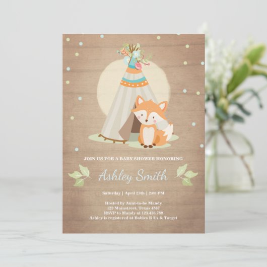 Woodland baby shower uitnodiging Fox Teepee pow wo (Staand voorkant)