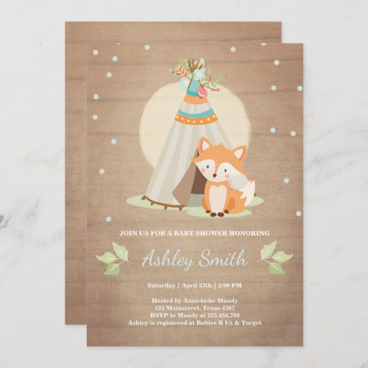Woodland baby shower uitnodiging Fox Teepee pow wo (Voorkant / Achterkant)