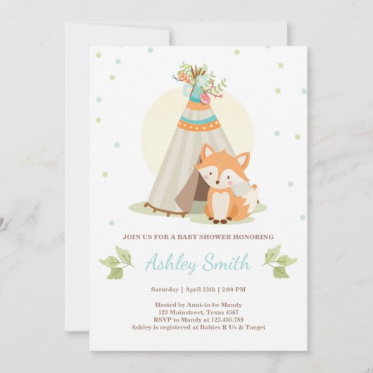 Woodland baby shower uitnodiging Fox Teepee pow wo (Voorkant)