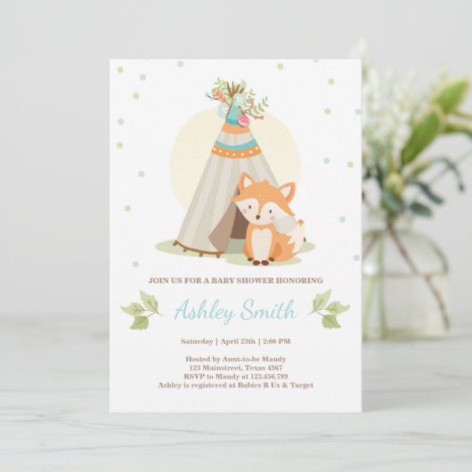 Woodland baby shower uitnodiging Fox Teepee pow wo (Staand voorkant)