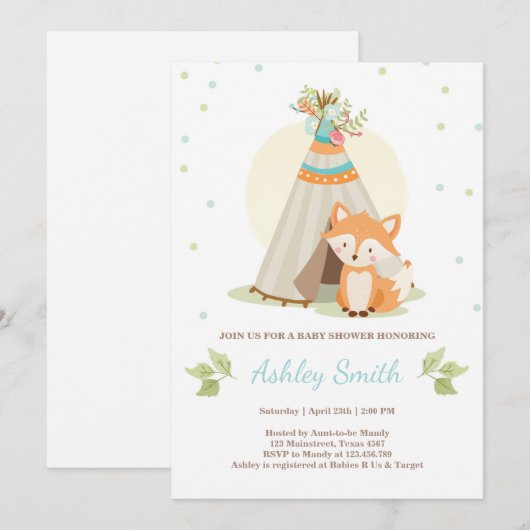 Woodland baby shower uitnodiging Fox Teepee pow wo (Voorkant / Achterkant)