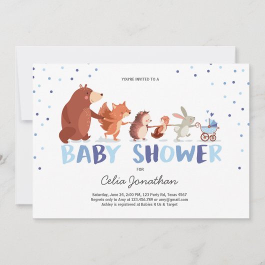 Woodland Baby shower uitnodiging Jongen Bos Dieren (Voorkant)