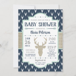 Woodland baby shower uitnodiging, Navy, Burlap Kaart