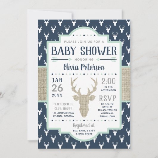 Woodland baby shower uitnodiging, Navy, Burlap Kaart (Voorkant)