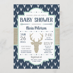 Woodland baby shower uitnodiging, Navy, Burlap Kaart